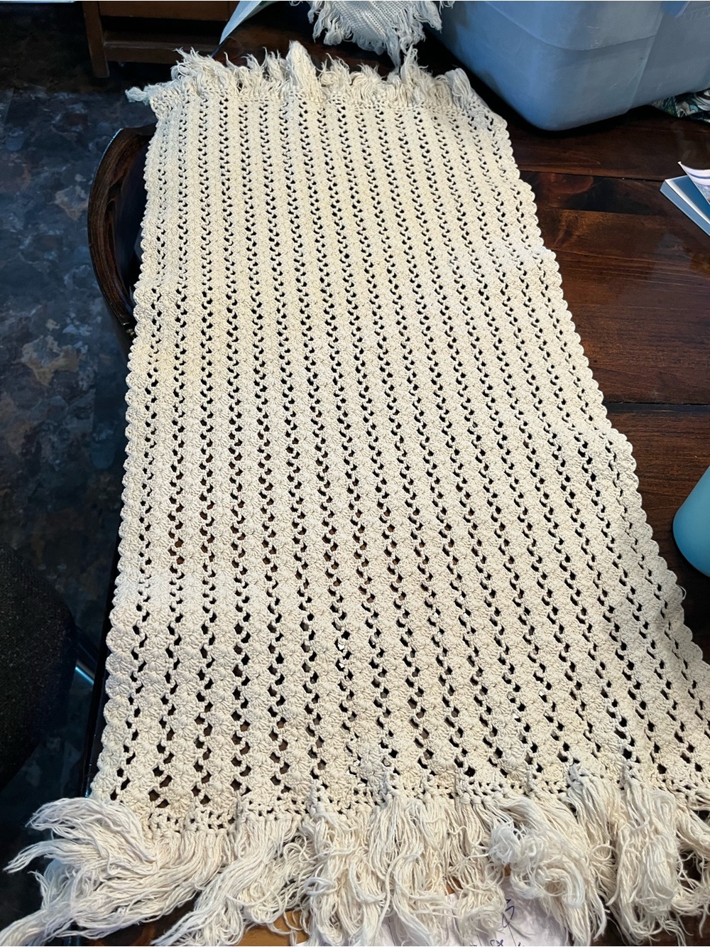 Handcrafted Cream Crochet Cotton Table Runner with Fringe Trim